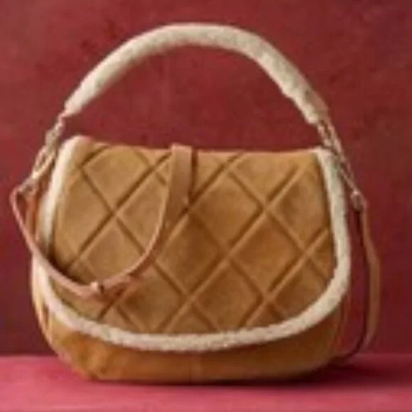 SUNDANCE Tan Suede Leather Quilted Shearling Lined Shoulder Bag NWOT - Picture 2 of 13